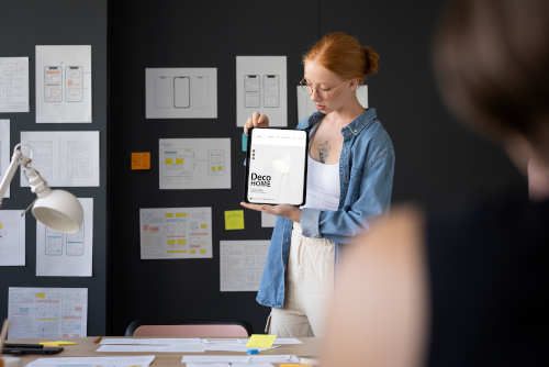 a girl presenting a product